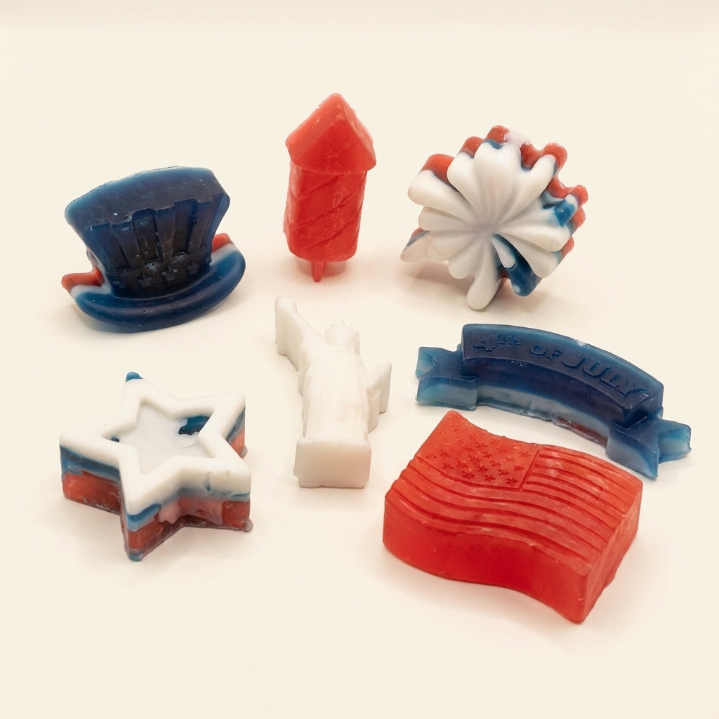 Four patriotic mini soaps in red, white, and blue