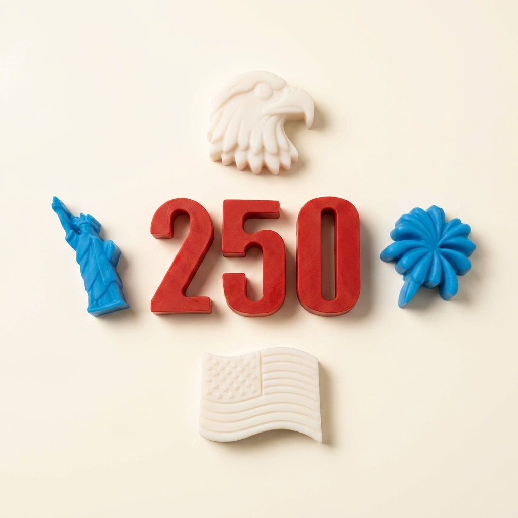 Seven patriotic mini soaps in red, white, and blue for America's 250th