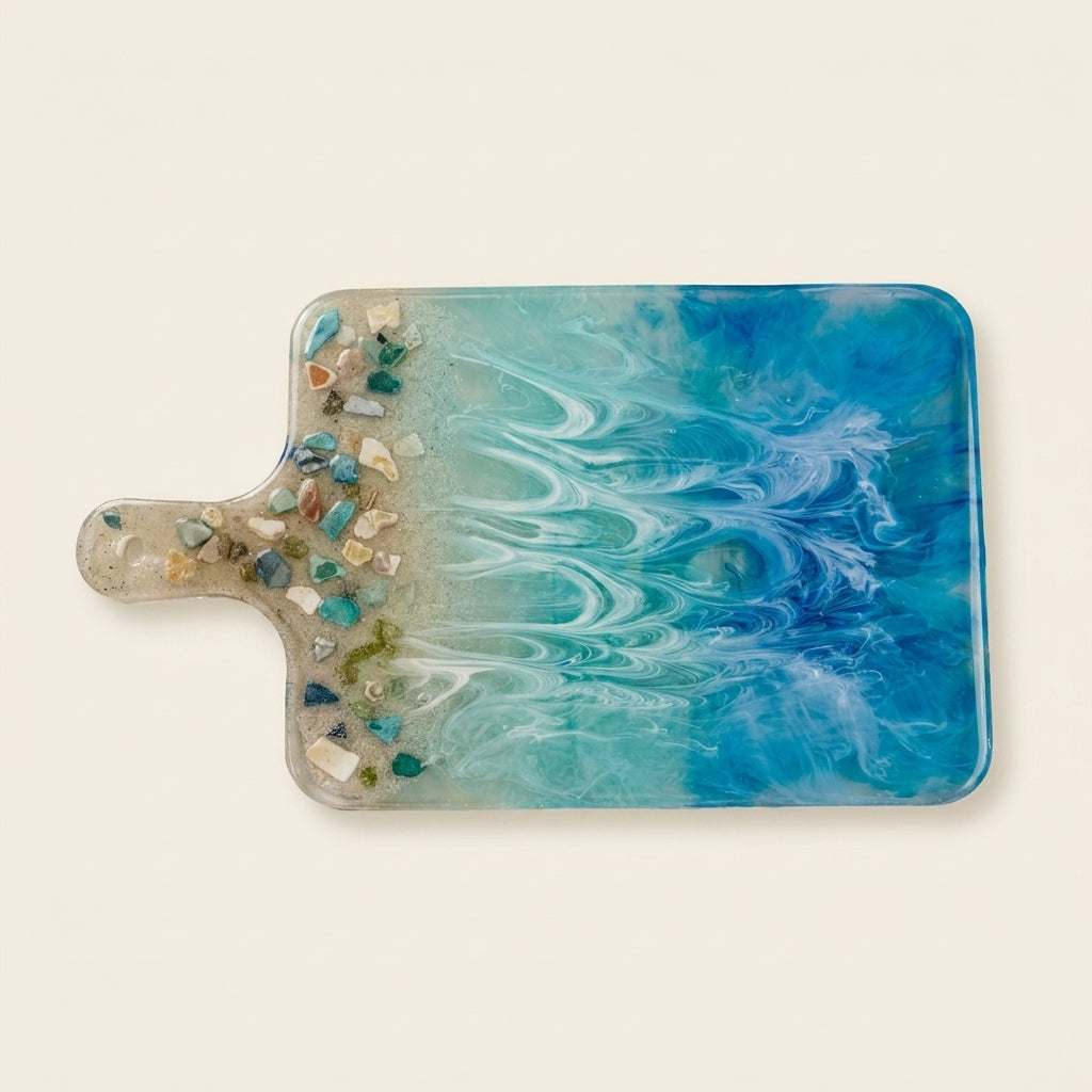 Handmade resin charcuterie board with ocean wave art, one of a kind