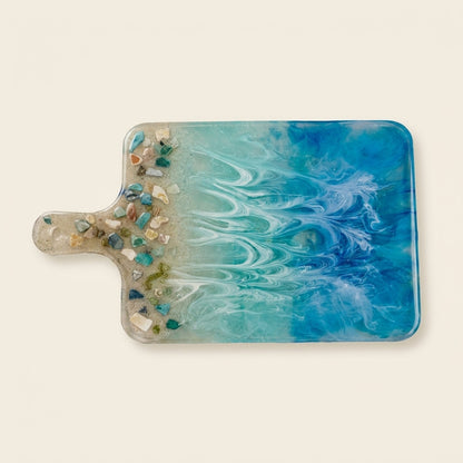 Handmade resin charcuterie board with ocean wave art, one of a kind