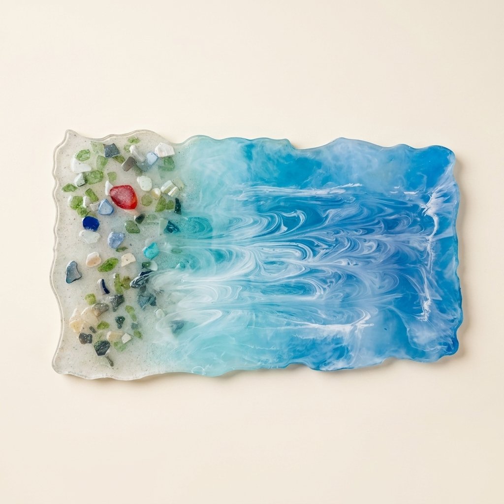 Handmade resin serving tray with ocean wave art, coastal home decor
