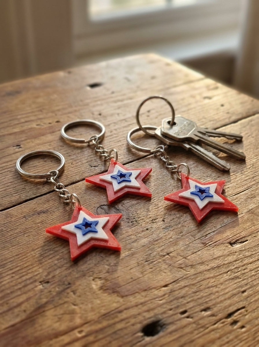 Patriotic Star Keychains – 3D Printed, Set of 3