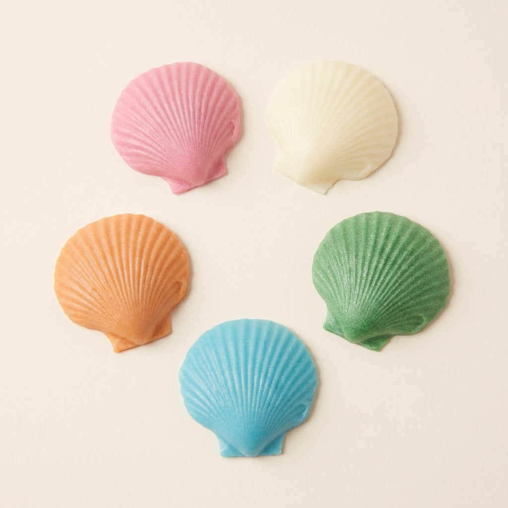 Five handmade seashell shaped mini soaps from the Seaside Serenity collection