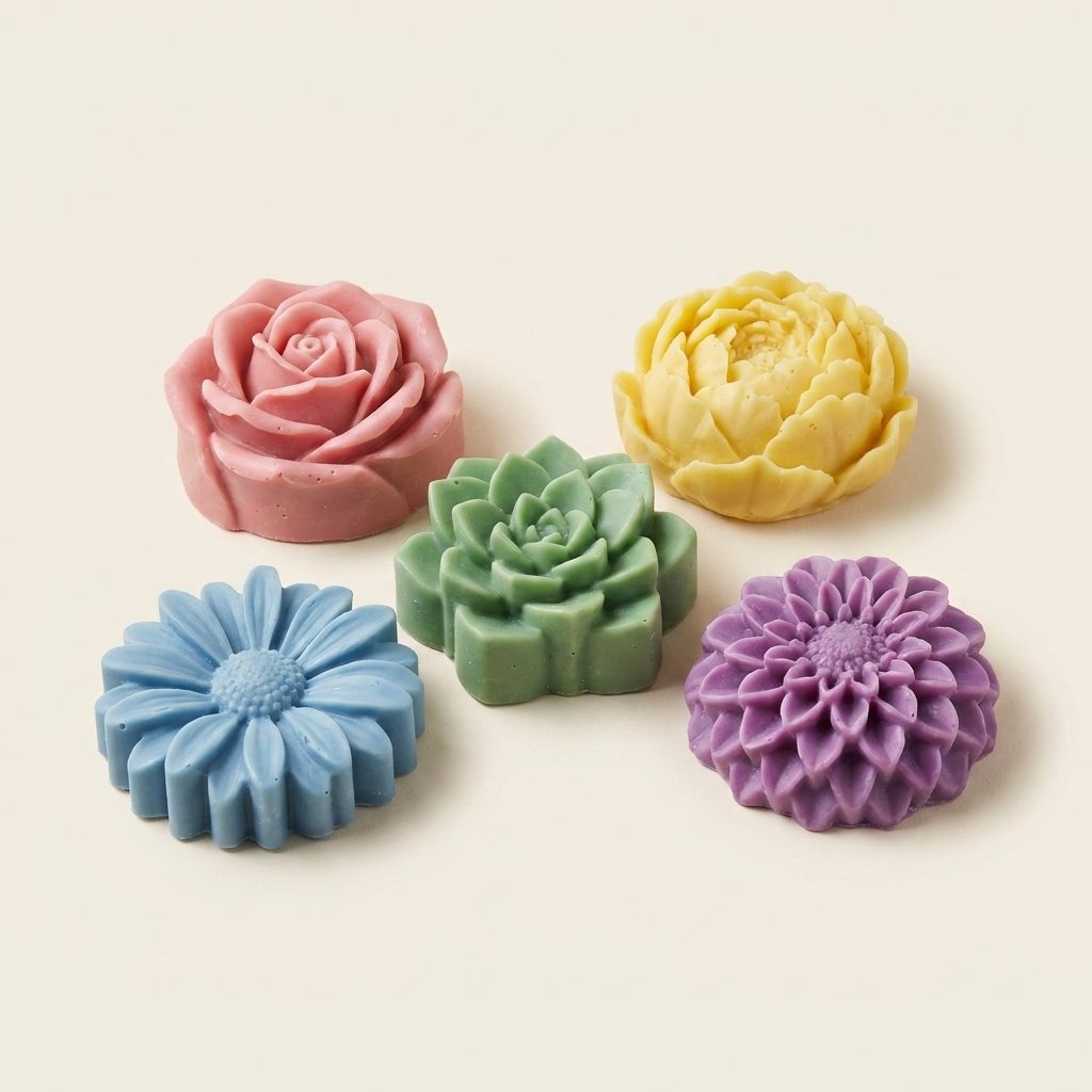 Five handmade succulent and flower shaped soaps in a gift set