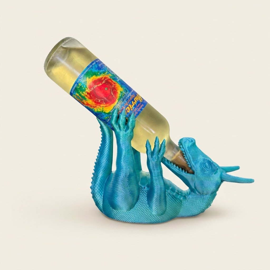 3D printed dragon wine bottle holder cradling a bottle of wine